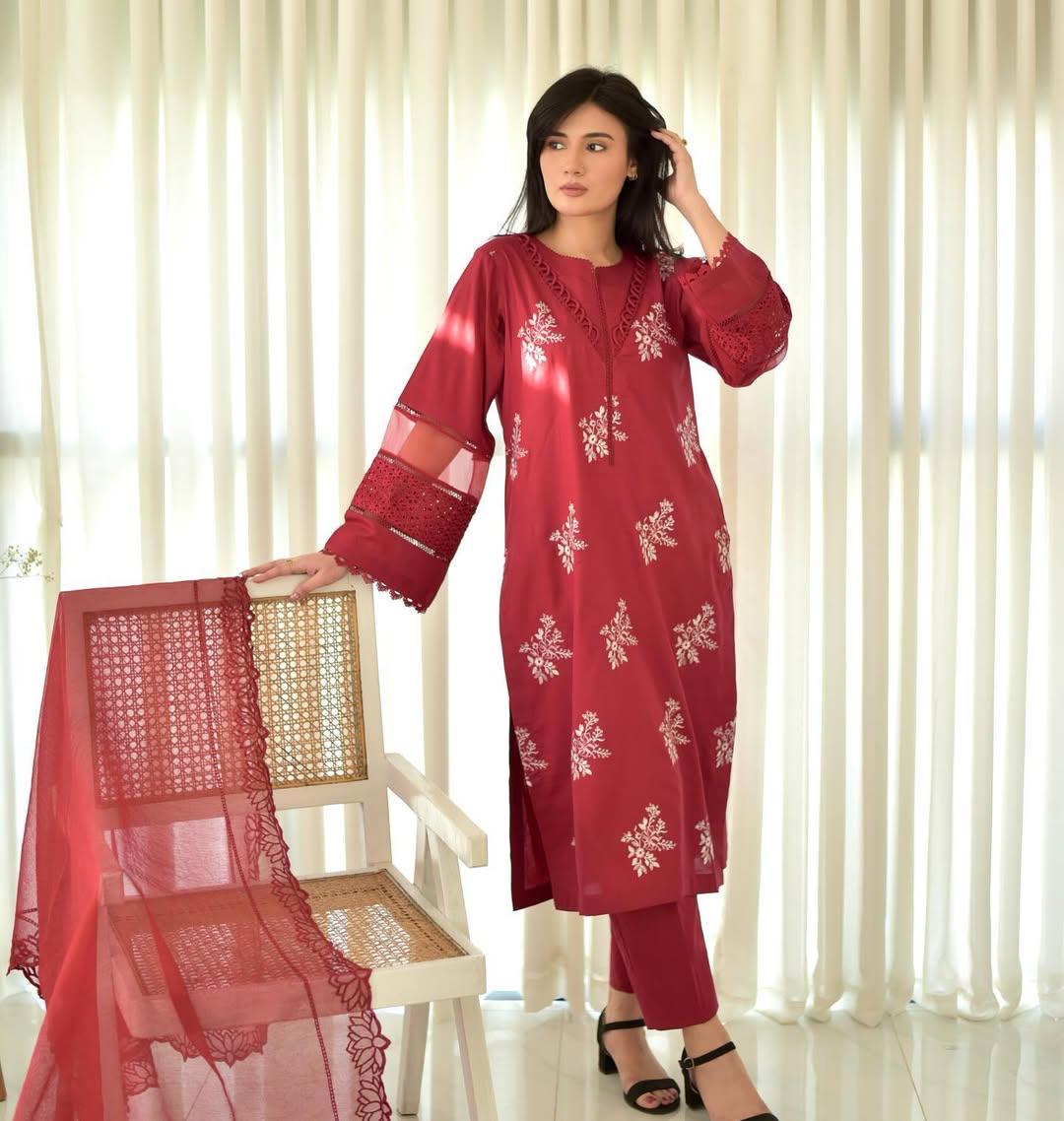 RED HORIYA EMB CO-ORD SET STITCHED FOR GIRLS