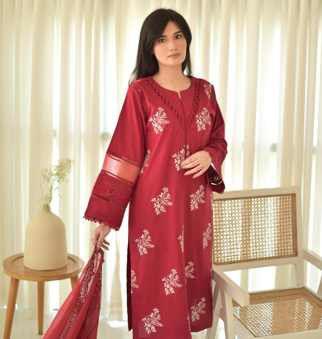 RED HORIYA EMB CO-ORD SET STITCHED FOR GIRLS