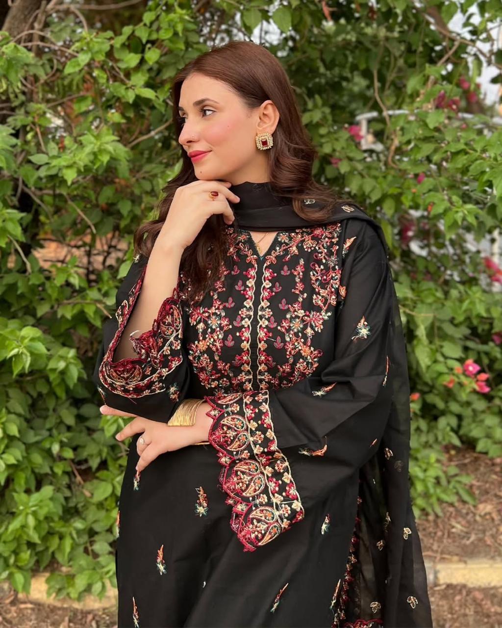 BLACK EMB 3PC STITCHED FOR GIRLS