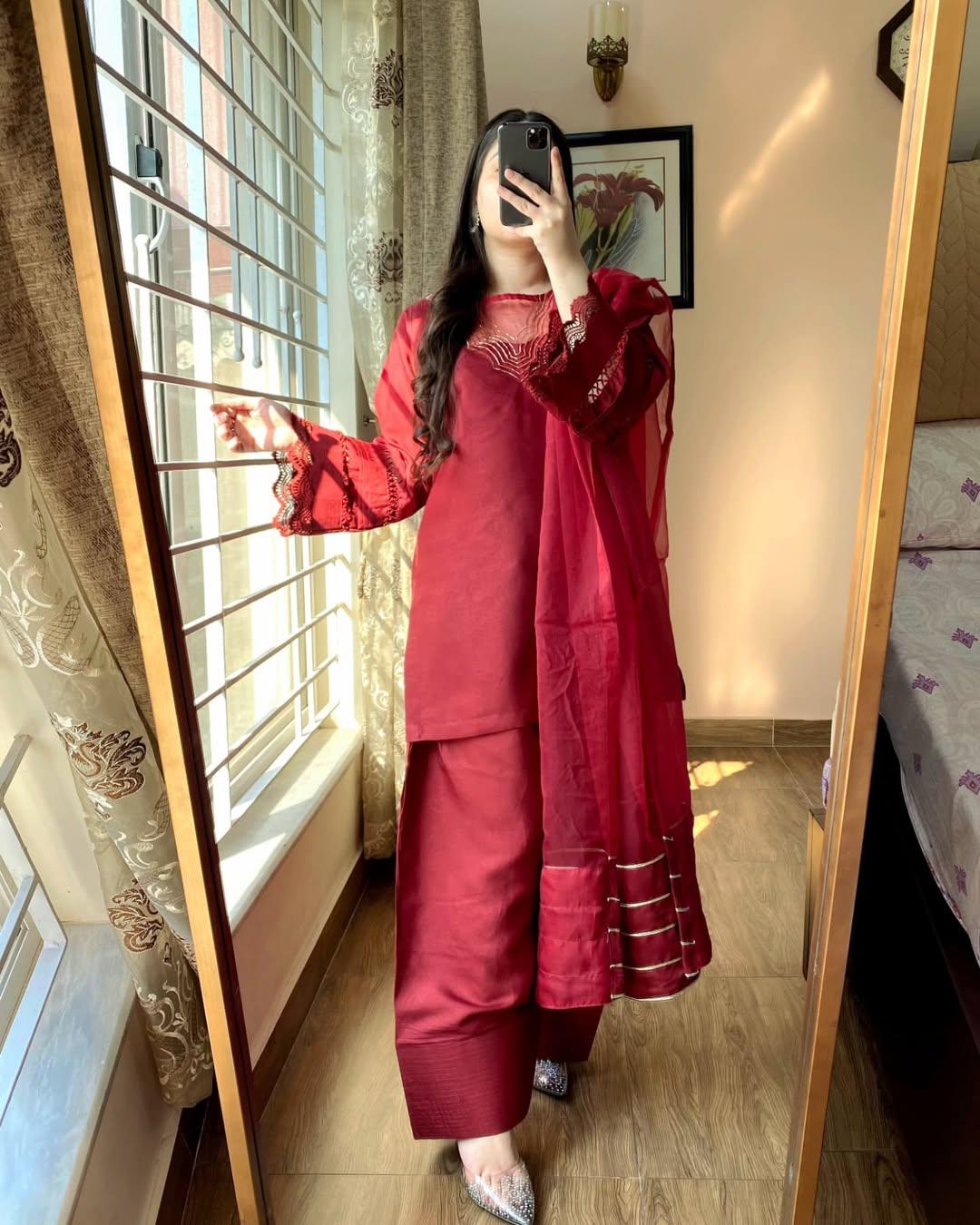 REDDISH MAHROON (FARSHI SHALWAR ) 3pc STITCHED FOR GIRLS