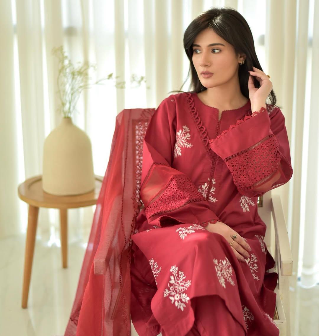 RED HORIYA EMB CO-ORD SET STITCHED FOR GIRLS