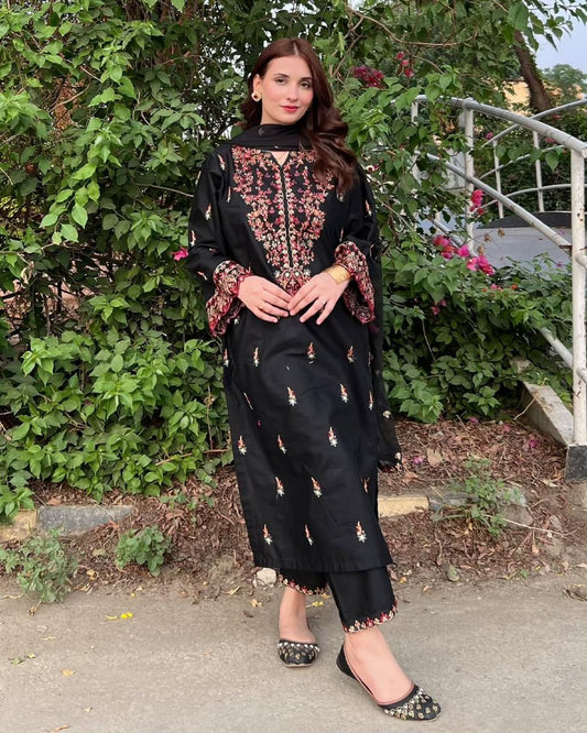 BLACK EMB 3PC STITCHED FOR GIRLS